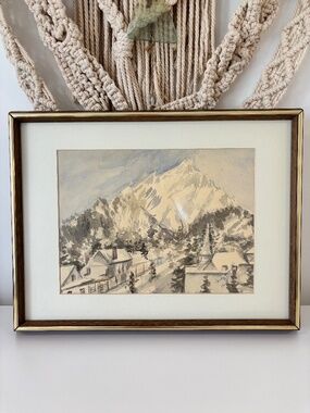 Vintage framed watercolour painting of Banff Canada signed Madge Hogarth 1975